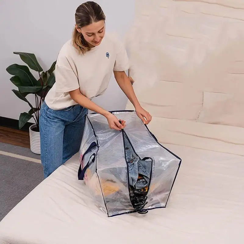 Large PP Woven Tote Transparent Moving Storage Bags with Zipper Waterproof Garment Bag for Clothes & Bedding |〔2025E〕