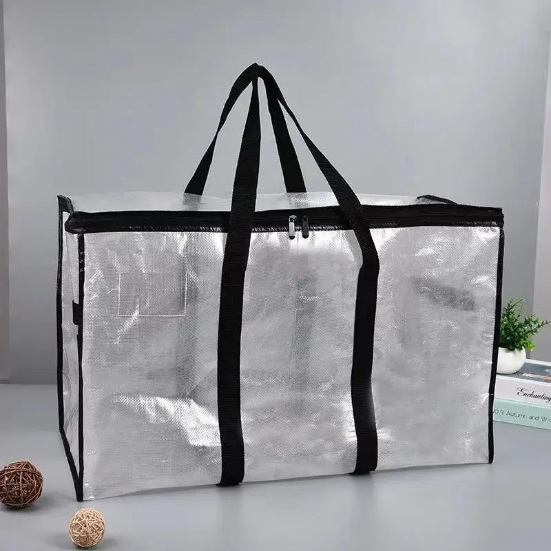 Large PP Woven Tote Transparent Moving Storage Bags with Zipper Waterproof Garment Bag for Clothes & Bedding |〔2025E〕